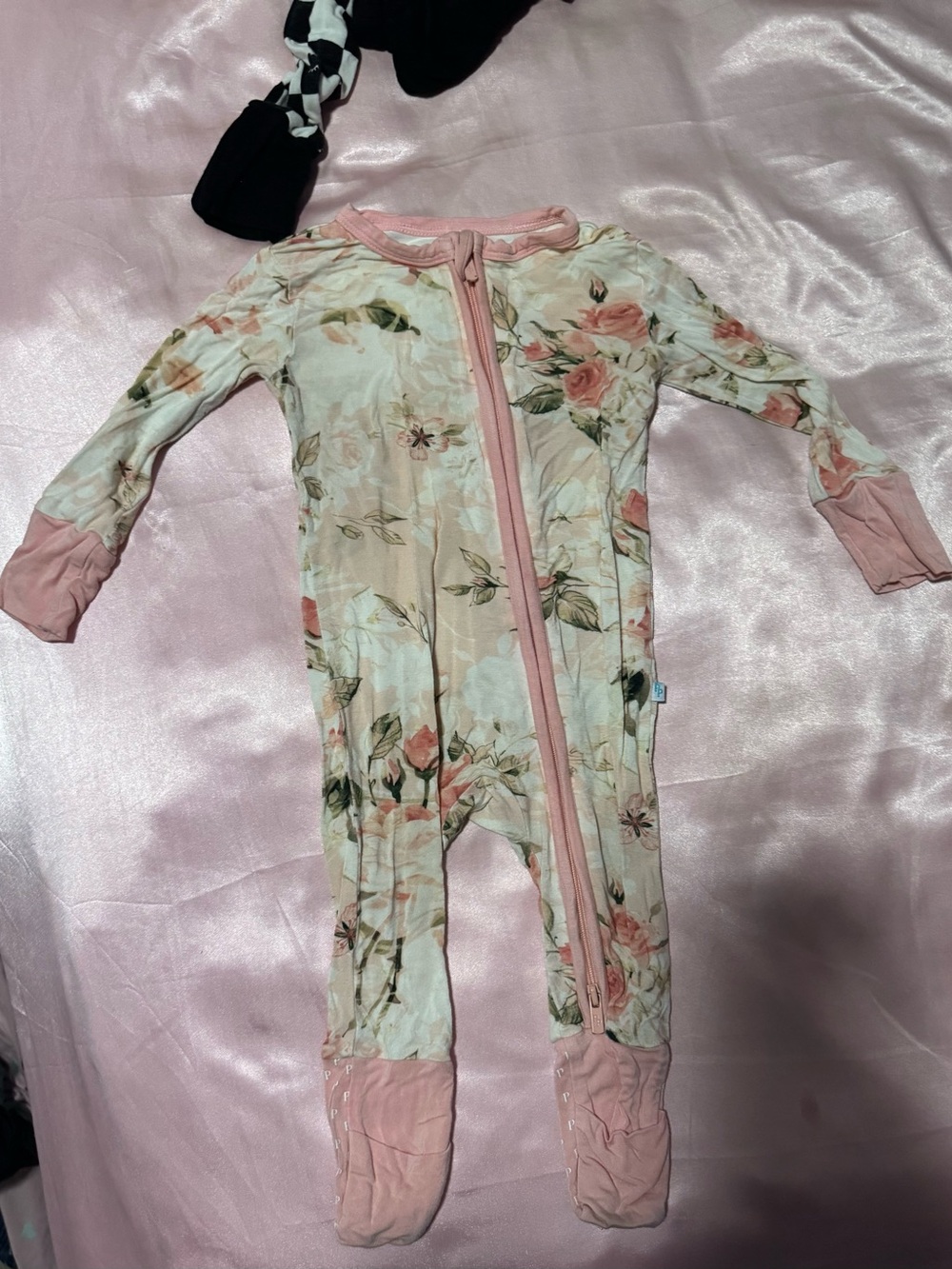 Posh Peanut Floral Zip-Front Footed One-Piece in Pink and Cream